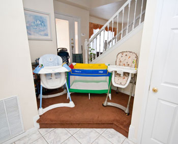 Crib, high chair and strollers